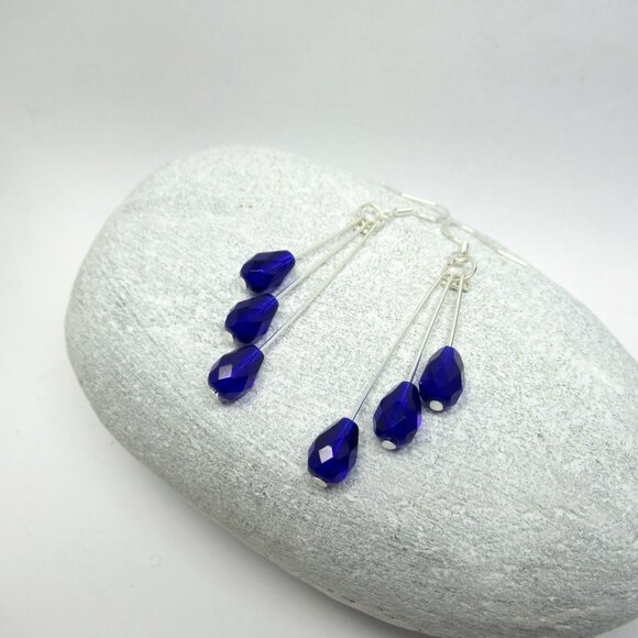 Colbalt blue triple dangle Czech bead earrings - Picture 5 of 9